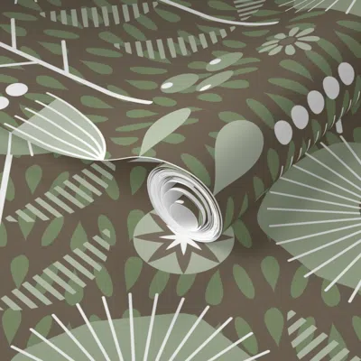 Spoonflower Pre-pasted Wallpaper Calm Scandi Meadow-folk Art-floral-cottagecore-birds-warm-sage Brown-large 2' X