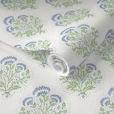 Spoonflower Pre-pasted Wallpaper Campbell Bloom Muted Blue And Green On Cream 2' X 12' Removable