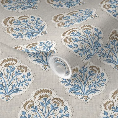 Spoonflower Pre-pasted Wallpaper Campbell Bloom Tan And Blue  Removable