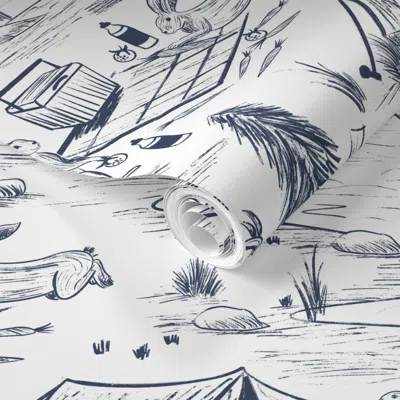 Spoonflower Pre-pasted Wallpaper Camping Forest Animal Toile In Dark Blue And White - Boys Woodland Nursery 2' X