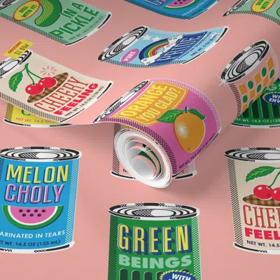 Spoonflower Pre-pasted Wallpaper Canned Mood (risograph Mona) - Punny Canned Food 2' X 12' Removable