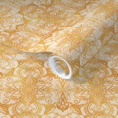 Spoonflower Pre-pasted Wallpaper Canvas Textured Art Nouveau Sunflowers And Leaves - Small Print  Removable