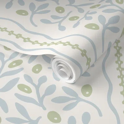 Spoonflower Pre-pasted Wallpaper Caroline Blue And Green Grandmillennial Botanical Stripe 2' X 12' Removable In Neutral