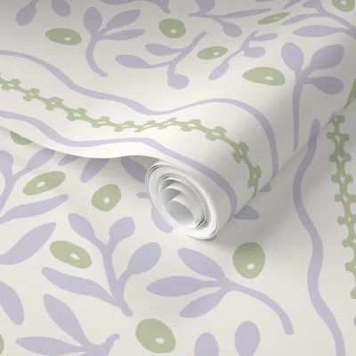 Spoonflower Pre-pasted Wallpaper Caroline Violet And Green Grandmillennial Botanical Stripes 2' X 12' Removable