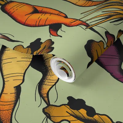 Spoonflower Pre-pasted Wallpaper Carrots Dance In Green 2' X 12' Removable