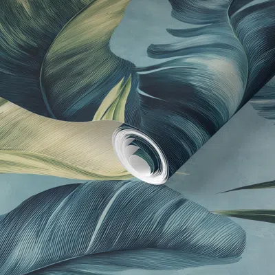 Spoonflower Pre-pasted Wallpaper Casa De V. Blue Palm Drift  Removable