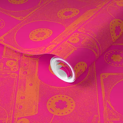 Spoonflower Pre-pasted Wallpaper Cassette Tape Reel Pink Orange 2' X 12' Removable