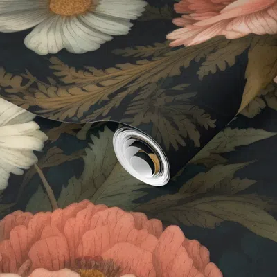 Spoonflower Pre-pasted Wallpaper Casual Garden Dark Moody Floral In Soft Coral White And Charcoal 2' X 12' Remov