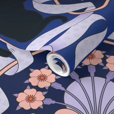 Spoonflower Pre-pasted Wallpaper Cat And Toilet Paper Art Nouveau Black Cat Bg Luminous Blue 100size 2' X 12' Re