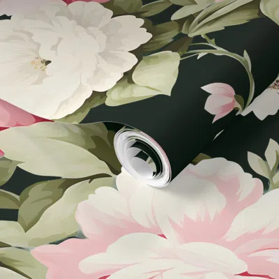 Spoonflower Pre-pasted Wallpaper Catherine's Peony Parade - Midnight Forest Green 2' X 12' Removable