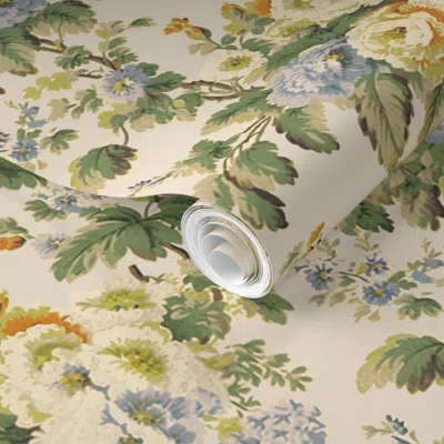 Spoonflower Pre-pasted Wallpaper Caversham Hollyhock Blue And Gold 2' X 12' Removable