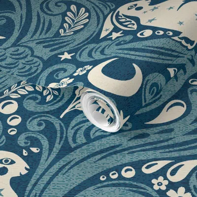 Spoonflower Pre-pasted Wallpaper Celestial Ocean Rabbit 2' X 12' Removable