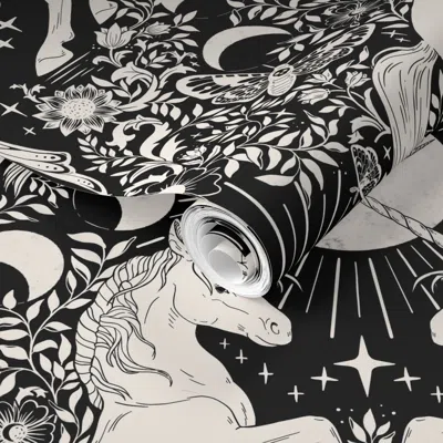 Spoonflower Pre-pasted Wallpaper Celestial Unicorn Damask Black And White 2' X 12' Removable