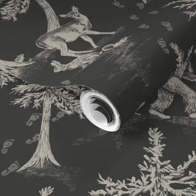 Spoonflower Pre-pasted Wallpaper Charcoal Gray Bigfoot & Friends 2' X 12' Removable In Black