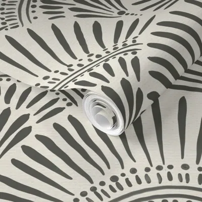 Spoonflower Pre-pasted Wallpaper Charcoal Gray Fan Pattern On Cream Background Neutral Decor 2' X 12' Removable