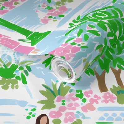 Spoonflower Pre-pasted Wallpaper Charleston Lillylane Pink/green On White New 2' X 12' Removable