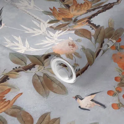 Spoonflower Pre-pasted Wallpaper Chateau Chinoiserie On Vintage Dusty Blue Sky - Large Scale 2' X 12' Removable