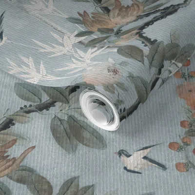 Spoonflower Pre-pasted Wallpaper Chateau Chinoiserie - Vintage Robin's Egg Blue With Texture - Large Scale  Remo
