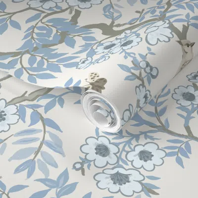 Spoonflower Pre-pasted Wallpaper Chatterbranch Light Blue On Ecru  Removable In Multi