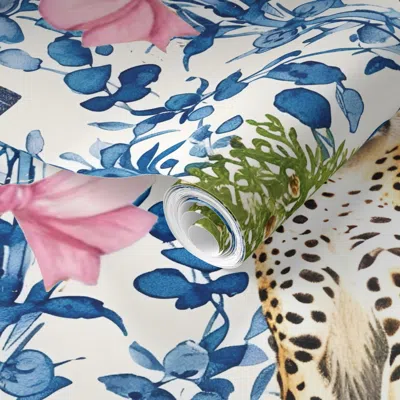 Spoonflower Pre-pasted Wallpaper Cheetahs In Blue And White Grandmillennial Garden And Pink Bows 2' X 12' Remova