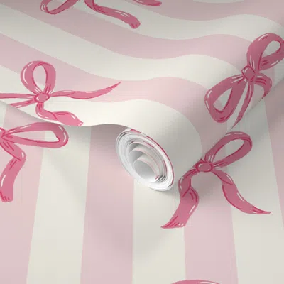 Spoonflower Pre-pasted Wallpaper Chic Coquette Pink Bows On Pink & White Stripes Medium 2' X 12' Removable
