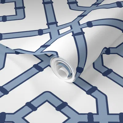 Spoonflower Pre-pasted Wallpaper Chinoiserie Bamboo Trellis/lattice -frost Blue And Navy On White -xlg 2' X 12' 