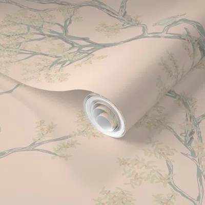 Spoonflower Pre-pasted Wallpaper Chinoiserie Bird & Tree Pattern Vintage Botanical  Pink 2' X 12' Removable