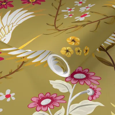 Spoonflower Pre-pasted Wallpaper Chinoiserie Cranes On Gold 2' X 12' Removable