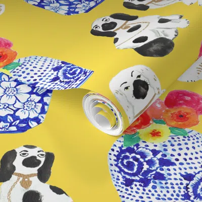 Spoonflower Pre-pasted Wallpaper Chinoiserie Dogs + Floral Ginger Jars In Lemon Yellow 2' X 12' Removable