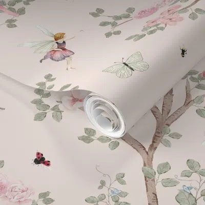 Spoonflower Pre-pasted Wallpaper Chinoiserie Fairy Garden With Pink Roses Butterflies Branches And Bows 2' X 12'