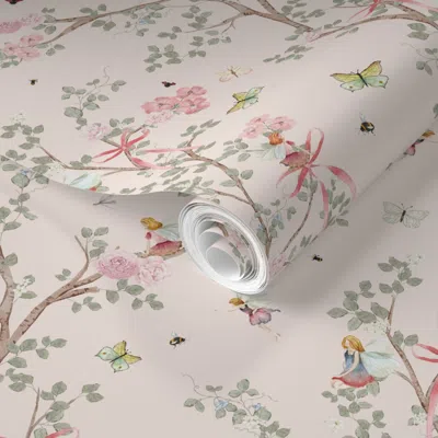 Spoonflower Pre-pasted Wallpaper Chinoiserie Fairy Garden With Pink Roses Butterflies Branches And Bows 2' X 12'