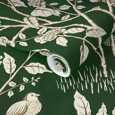 Spoonflower Pre-pasted Wallpaper Chinoiserie Fantasy On Dark Green - Vintage Handpainted Rose Garden 2' X 12' Re
