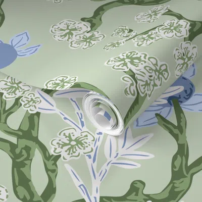 Spoonflower Pre-pasted Wallpaper Chinoiserie Garden Tapestry Light Green Blue 2' X 12' Removable
