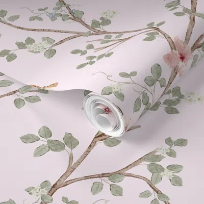Spoonflower Pre-pasted Wallpaper Chinoiserie Hummingbird Garden With Pink Roses Butterfly Branches And Bows  Rem