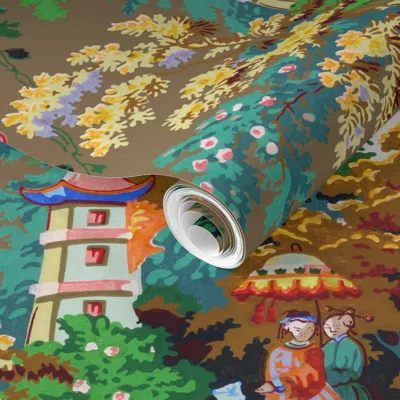 Spoonflower Pre-pasted Wallpaper Chinoiserie Palace Large 2' X 12' Removable In Multi