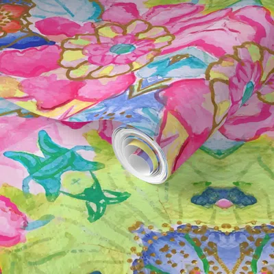 Spoonflower Pre-pasted Wallpaper Chinoiserie Tobacco Leaves And Flowers 2' X 12' Removable