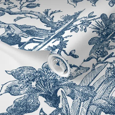 Spoonflower Pre-pasted Wallpaper Chinoiserie Toile Lonely Angel Blue And White 2' X 12' Removable In Multi