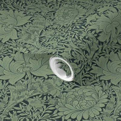 Spoonflower Pre-pasted Wallpaper Chrysanthemum Loeb Green 2' X 12' Removable In Multi