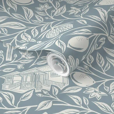 Spoonflower Pre-pasted Wallpaper Citrus Branches Blue And Cream 2' X 12' Removable