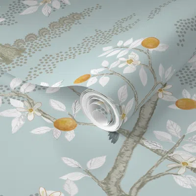 Spoonflower Pre-pasted Wallpaper Citrus Tree White Mist Scatter 2' X 12' Removable
