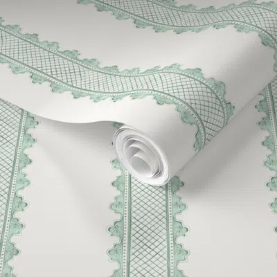 Spoonflower Pre-pasted Wallpaper Clarabelle Custom Half Scale Green On Cream  Removable In White