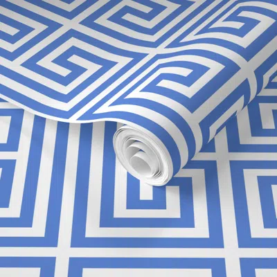 Spoonflower Pre-pasted Wallpaper Classic Greek Key Geometric Art Deco & Mediterranean - Cobalt Blue White M 2' X