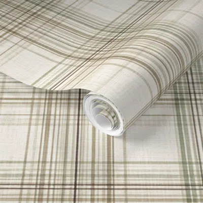 Spoonflower Pre-pasted Wallpaper Classic Nutral Plaid In Parchment Beige And Sage Green 2' X 12' Removable