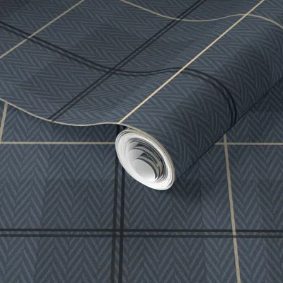 Spoonflower Pre-pasted Wallpaper Classic Plaid Tweed Thin Stripe Texture Check Herringbone Navy Blue Gold 2' X 1