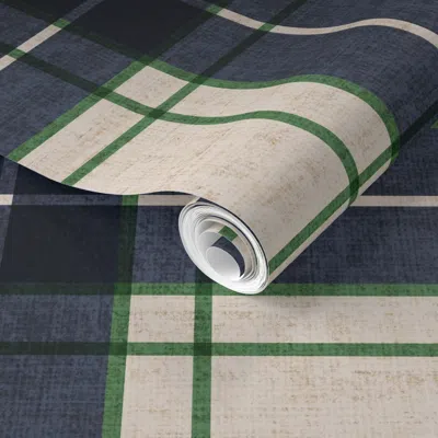 Spoonflower Pre-pasted Wallpaper Classic Vintage Woven Plaid Tartan College Dorm Room Decor Navy Beige Green  Re
