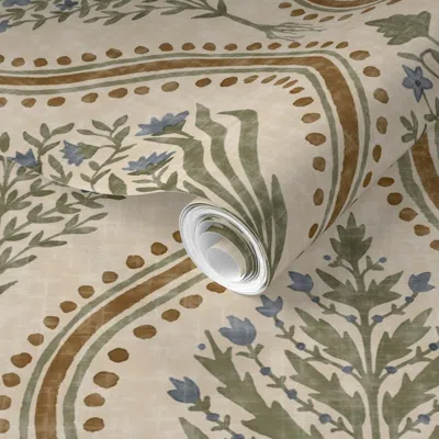 Spoonflower Pre-pasted Wallpaper Clean Large Monticello Beige Dusty Blue Green And Butterscotch On Cream  Remova