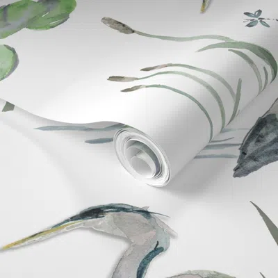 Spoonflower Pre-pasted Wallpaper Coastal Blue Herons - Large Sea Birds On White - Light Southern - Lg Scale 2' X