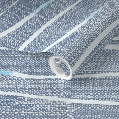 Spoonflower Pre-pasted Wallpaper Coastal Casual Wave Lines On Chambray Denim Blue Jute Grasscloth Rustic 2' X 12