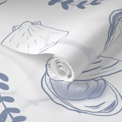Spoonflower Pre-pasted Wallpaper Coastal Clams Oysters And Lemons Blue White Yellow Large Scale 2' X 12' Removab