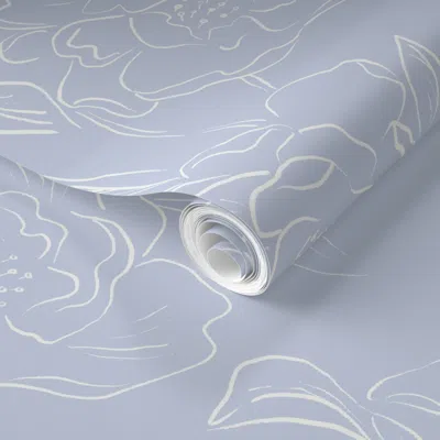 Spoonflower Pre-pasted Wallpaper Coastal Cottagecore Light Blue And White Floral-sketched Peony Flowers-l 2' X 1